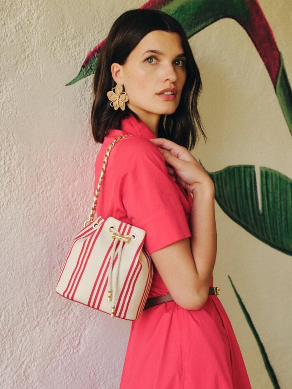 J McLaughlin The Daisy Canvas Bucket Bag in Stripe - Red Poppy/Saddle NEW